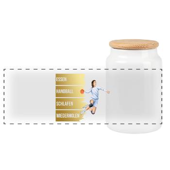 Essen - Handball - Schlafen - Wiederholen - Panorama Keksdose mit Holzdeckel - Weiß - Vorne