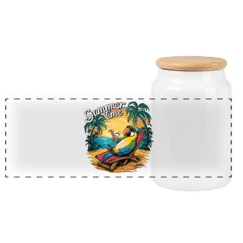 Summer parrot relaxon at sunset - Panoramic Cookie Jar with Wooden Lid - white - Front