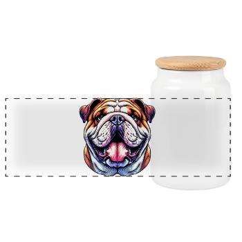 English Bulldog Dog - Panoramic Cookie Jar with Wooden Lid - white - Front
