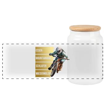 Essen - Mountainbike - Schlafen - Wiederholen - Panorama Keksdose mit Holzdeckel - Weiß - Vorne