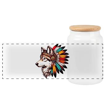 Amerikanischer Indianer Wolf Amerikanische Rothaut - Panorama Keksdose mit Holzdeckel - Weiß - Vorne
