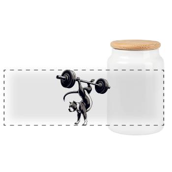 Pitbull Dog Training Dumbbell Handstand Workout - Panoramic Cookie Jar with Wooden Lid - white - Front