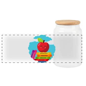 Buntes Schulanfang-Design für Kinder Einschulung - Panorama Keksdose mit Holzdeckel - Weiß - Vorne