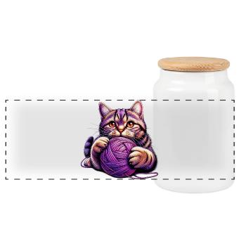 Le chat joue avec une pelote de laine - Boîte à biscuits avec couvercle en bois - blanc - Devant
