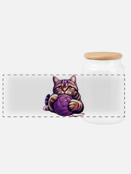 Katze spielt mit einem Wollknäuel - Panorama Keksdose mit Holzdeckel - Weiß