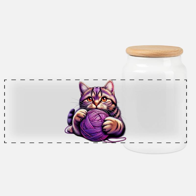 Katze spielt mit einem Wollknäuel - Panorama Keksdose mit Holzdeckel - Weiß