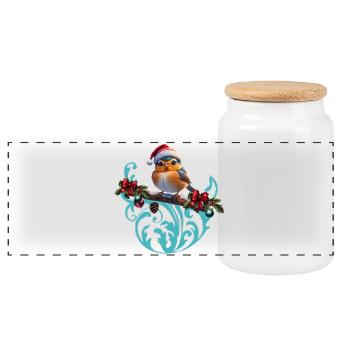 Mignon oiseau de Noël assis sur une branche couverte - Boîte à biscuits avec couvercle en bois - blanc - Devant