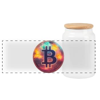 Spektakulärer Bitcoin - Panorama Keksdose mit Holzdeckel - Weiß - Vorne