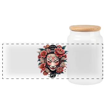 Japanese mask decorated with flowers. - Panoramic Cookie Jar with Wooden Lid - white - Front