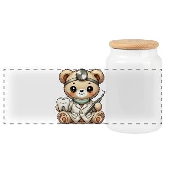 Stuffed Toy Teddy Dentist with Cute Tooth - Panoramic Cookie Jar with Wooden Lid - white - Front