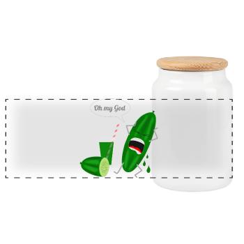 Humorous cucumber design with scream - Panoramic Cookie Jar with Wooden Lid - white - Front