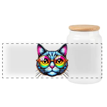 Kater mit Sonnenbrille - Panorama Keksdose mit Holzdeckel - Weiß - Vorne