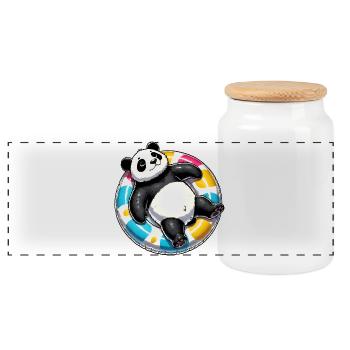 A relaxed panda on a swimming ring - Panoramic Cookie Jar with Wooden Lid - white - Front