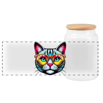 Kater mit Sonnenbrille - Panorama Keksdose mit Holzdeckel - Weiß - Vorne