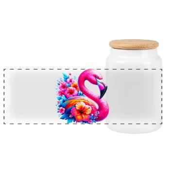 Flamingo decorated with hibiscus flowers - Panoramic Cookie Jar with Wooden Lid - white - Front