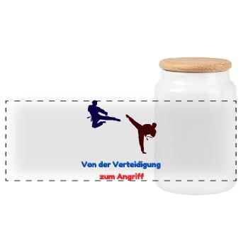 Von der Verteidigung zum Angriff - Panorama Keksdose mit Holzdeckel - Weiß - Vorne