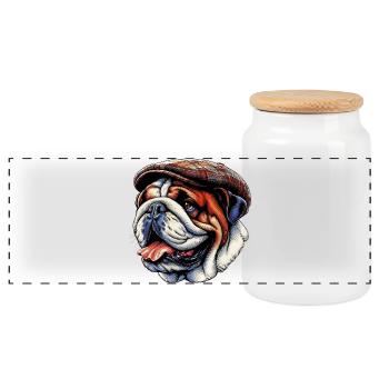 English Bulldog Dog - Panoramic Cookie Jar with Wooden Lid - white - Front