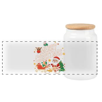 Merry Christmas Reindeer and Santa Scene - Panoramic Cookie Jar with Wooden Lid - white - Front