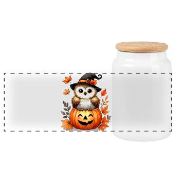 Halloween owl in pumpkin: autumnal scary fun - Panoramic Cookie Jar with Wooden Lid - white - Front