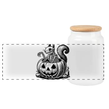 Skeleton squirrel motif in a pumpkin - Panoramic Cookie Jar with Wooden Lid - white - Front