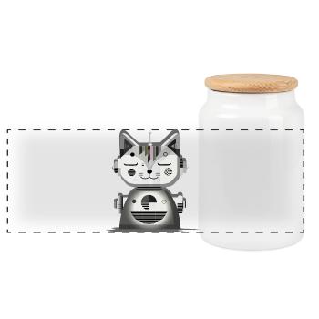 Chat robot géométrique - Illustration créative - Boîte à biscuits avec couvercle en bois - blanc - Devant