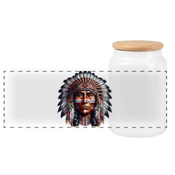 American Indian American - Panoramic Cookie Jar with Wooden Lid - white - Front
