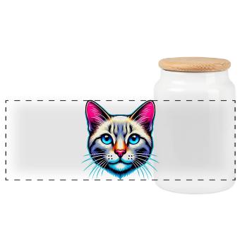 Cat - Panoramic Cookie Jar with Wooden Lid - white - Front