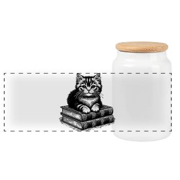 Cat on pile of books - Panoramic Cookie Jar with Wooden Lid - white - Front
