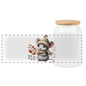 süße Maus mit einer Strickmütze,Schal und Beeren - Panorama Keksdose mit Holzdeckel - Weiß - Vorne