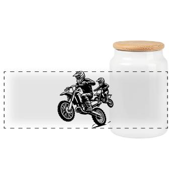 Motocross Family Ride - Father and Child Together - Panoramic Cookie Jar with Wooden Lid - white - Front