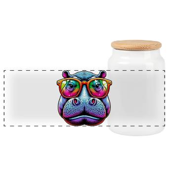 Hippopotamus with sunglasses - Panoramic Cookie Jar with Wooden Lid - white - Front