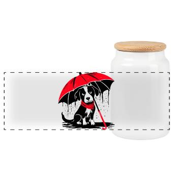 Hund mit Regenschirm - Sauwetter - Panorama Keksdose mit Holzdeckel - Weiß - Vorne
