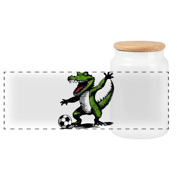 Krokodil mit Fußball – Sportliches Design - Panorama Keksdose mit Holzdeckel - Weiß - Vorne