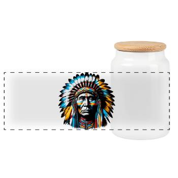 American Indian American - Panoramic Cookie Jar with Wooden Lid - white - Front