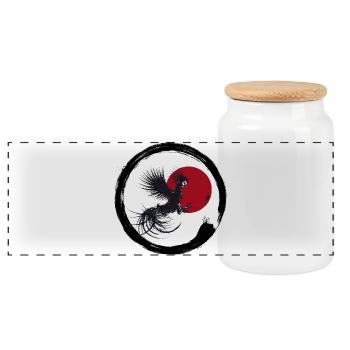 Japanese Rooster - Panoramic Cookie Jar with Wooden Lid - white - Front