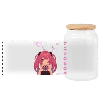 female anime making heart on valentine - Panoramic Cookie Jar with Wooden Lid - white - Front