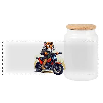 Tiger Motorradfahrer - Panorama Keksdose mit Holzdeckel - Weiß - Vorne