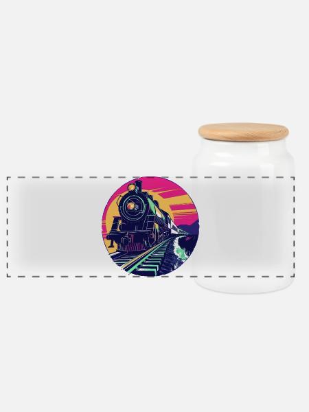 Eisenbahn Illustration - Panorama Keksdose mit Holzdeckel - Weiß