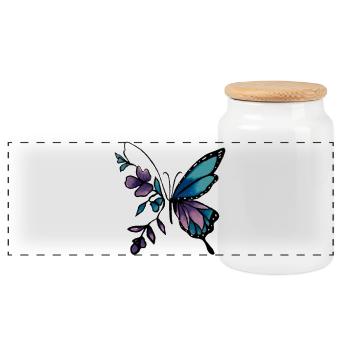 Elegant Butterfly with Floral Accents - Panoramic Cookie Jar with Wooden Lid - white - Front