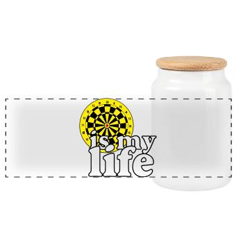Dart, Dartpfeil, Darts, Shirt , Dart is my life - Panorama Keksdose mit Holzdeckel - Weiß - Vorne