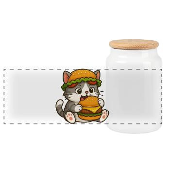 chat mignon avec burger dessin animé fast-food ciel - Boîte à biscuits avec couvercle en bois - blanc - Devant