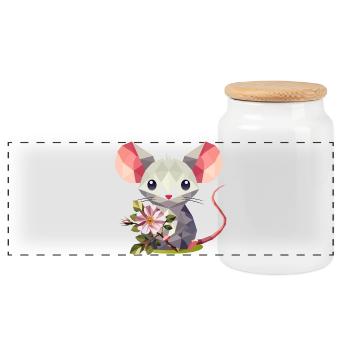 Mouse with dog rose – cute children's motif - Panoramic Cookie Jar with Wooden Lid - white - Front