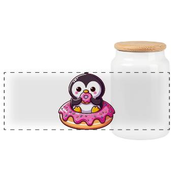 Cute Penguin Donut Dessert Snacking Yummy - Panoramic Cookie Jar with Wooden Lid - white - Front