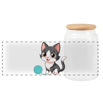 Chaton kawaii noir et blanc avec pelote (v02) - Boîte à biscuits avec couvercle en bois - blanc - Devant