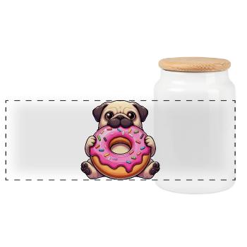 Carlin mignon avec beignet Chiens de dessin animé drôles - Boîte à biscuits avec couvercle en bois - blanc - Devant