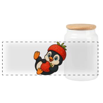 Cute penguin with fruity strawberry hat - Panoramic Cookie Jar with Wooden Lid - white - Front