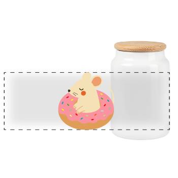 Süße Maus im Donut – Verspieltes Tiermotiv - Panorama Keksdose mit Holzdeckel - Weiß - Vorne