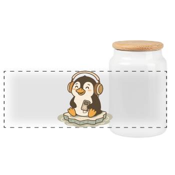 Musikliebender niedlicher Pinguin mit Kopfhörern - Panorama Keksdose mit Holzdeckel - Weiß - Vorne
