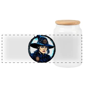 Witches Police / Policewoman Witch - Panoramic Cookie Jar with Wooden Lid - white - Front