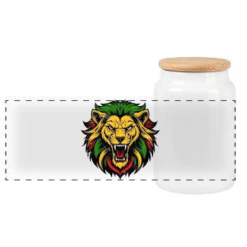 Vibrant Lion Head Tattoo Style - Panoramic Cookie Jar with Wooden Lid - white - Front